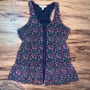 Decree Sleeveless Scoopneck  Lightweight Blue Pink Floral Ruffled Lace Tank Med